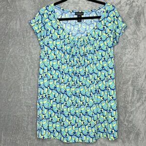 Rafaella 2X Shirt Top Blue Geometric Cap Short Sleeve Scoop Neck Stretch Womens